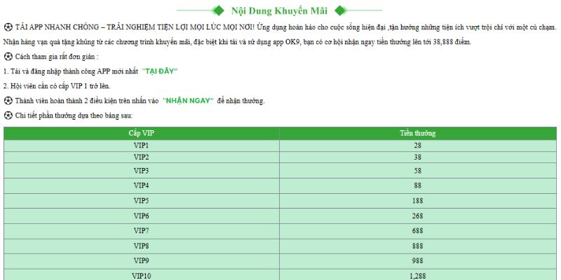 Chi tiết khuyến mãi tải app OK9