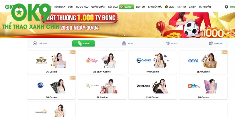 Sảnh Live Casino tại OK9